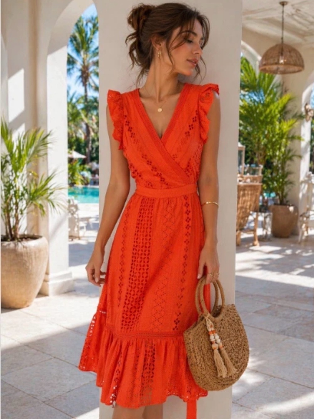J.Crew Orange Eyelet Lace Midi Dress Ruffle Hem Tie Back Bow Wrap Style Sz 2